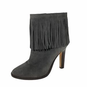 JOIE | Italian Leather Suede Heeled Ankle Boots Gray w Fringe Detail EUC US10